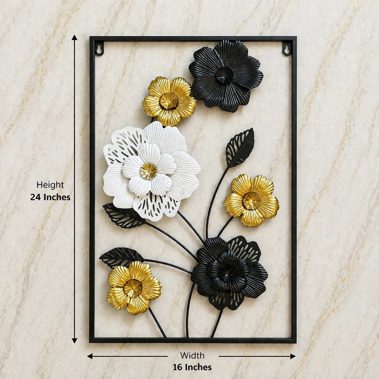 Luxury Metal Wall Art Frame – Black, Gold & White Floral Wall Hanging (24x16 Inches)