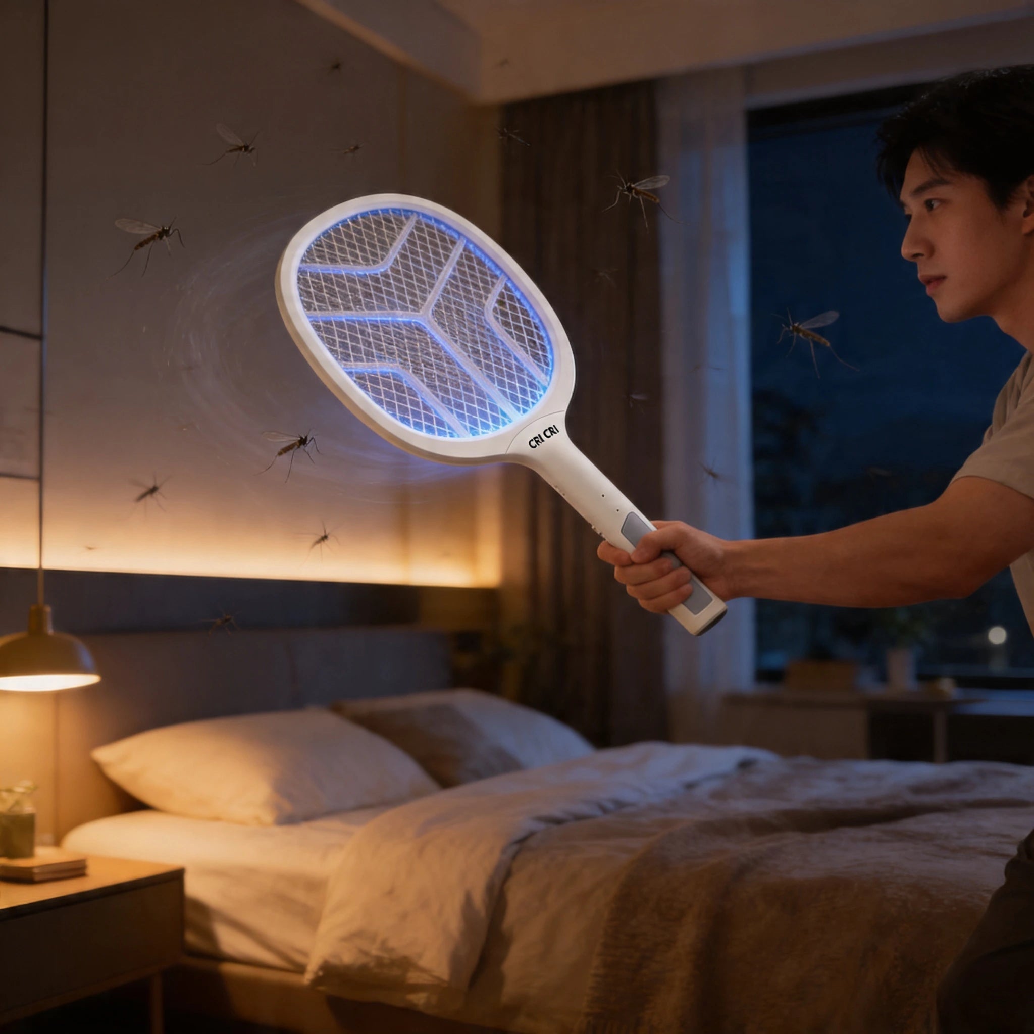 CRI Rechargeable Mosquito Killer Racket – 2-in-1 Electric Insect Zapper with UV Light & Stand Base