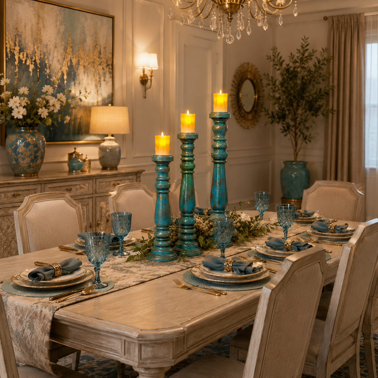 Luxury Handmade Sheesham Wood Candle Holder Set of 3 – Rustic Blue & Gold Vintage Decor