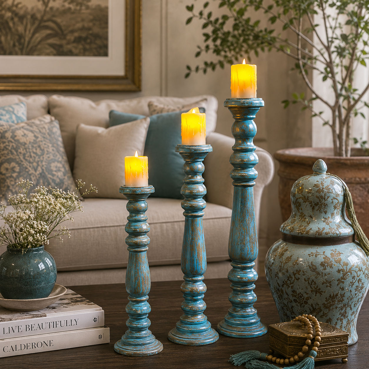 Luxury Handmade Sheesham Wood Candle Holder Set of 3 – Rustic Blue & Gold Vintage Decor