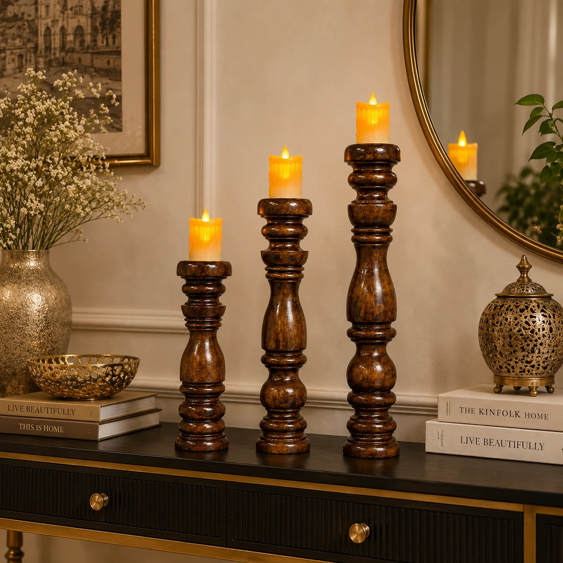 Sheesham Candle Holder Set, Brown (3)