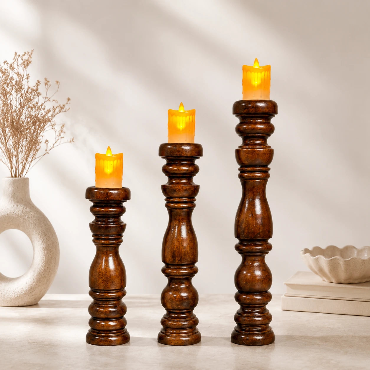 Luxury Handmade Sheesham Wood Candle Holder Set of 3 – Rustic Brown Vintage Home Decor