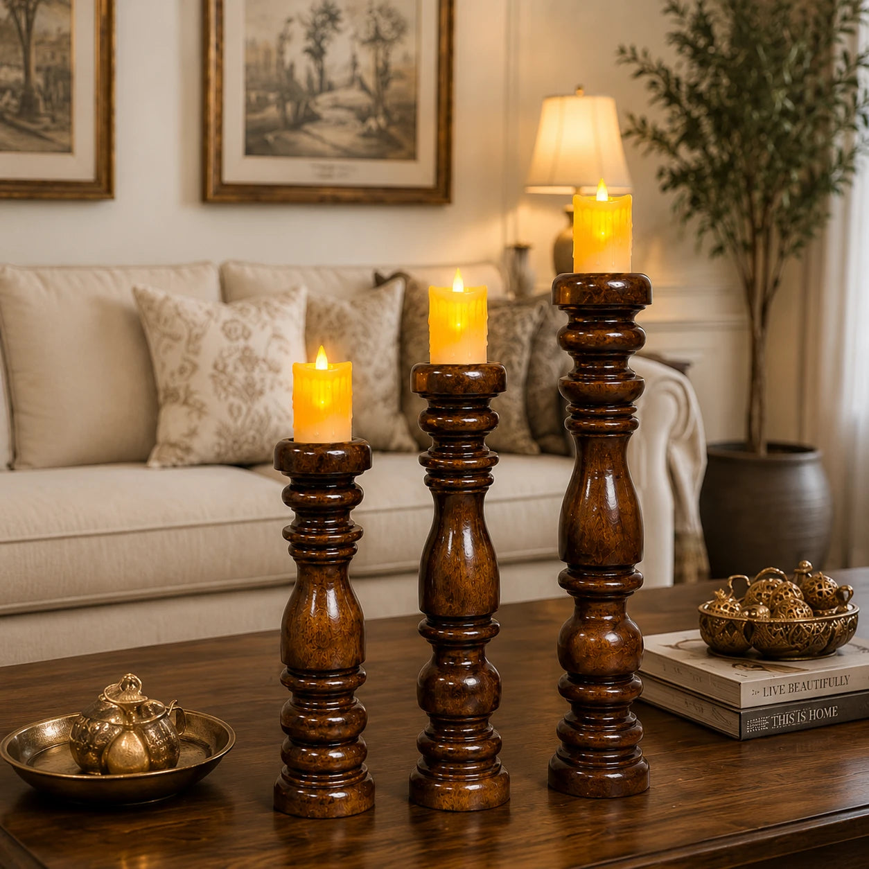Luxury Handmade Sheesham Wood Candle Holder Set of 3 – Rustic Brown Vintage Home Decor
