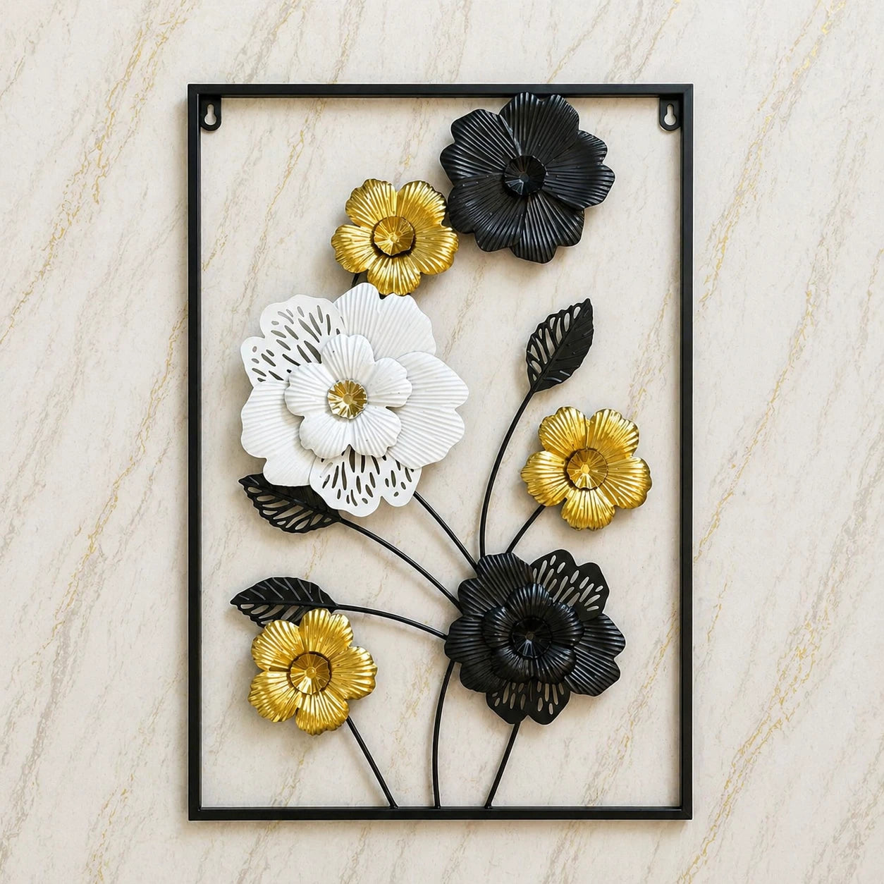 Luxury Metal Wall Art Frame – Black, Gold & White Floral Wall Hanging (24x16 Inches)
