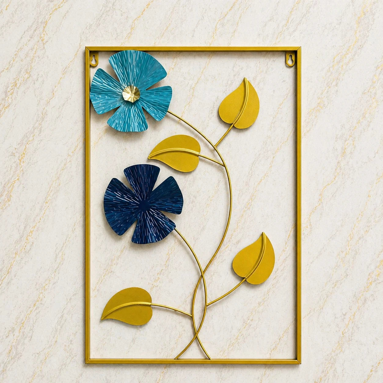 Luxury Blue & Gold Metal Wall Art Frame – Modern Floral Wall Hanging (24x16 Inches)