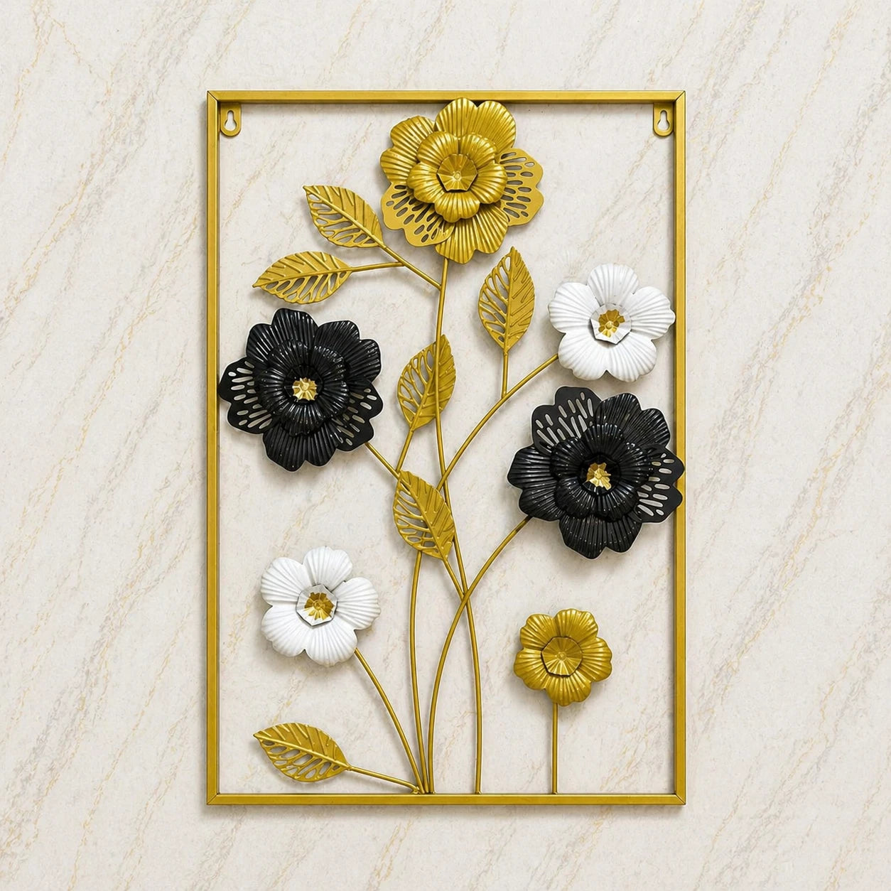 Luxury Black, White & Gold Metal Wall Art – Modern Floral Wall Hanging (24x16 Inches)