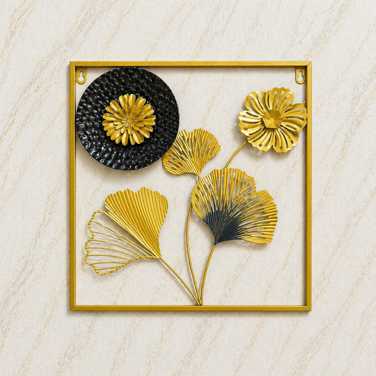 Luxury Gold & Black Metal Wall Art – Abstract Floral Wall Hanging (15x15 Inches)
