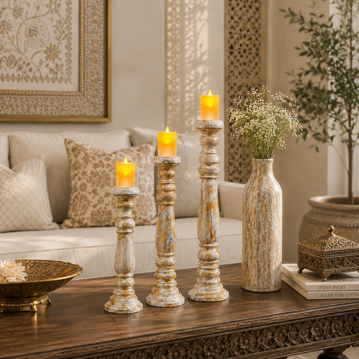 Luxury Handmade Sheesham Wood Candle Holder Set of 3 – Rustic Ivory & Natural Wood Vintage Decor
