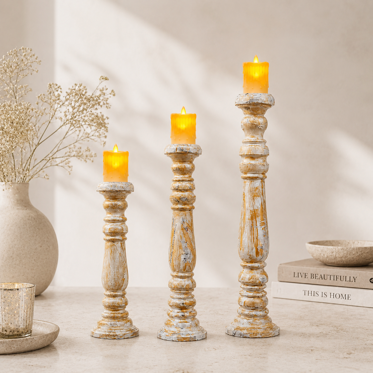 Luxury Handmade Sheesham Wood Candle Holder Set of 3 – Rustic Ivory & Natural Wood Vintage Decor