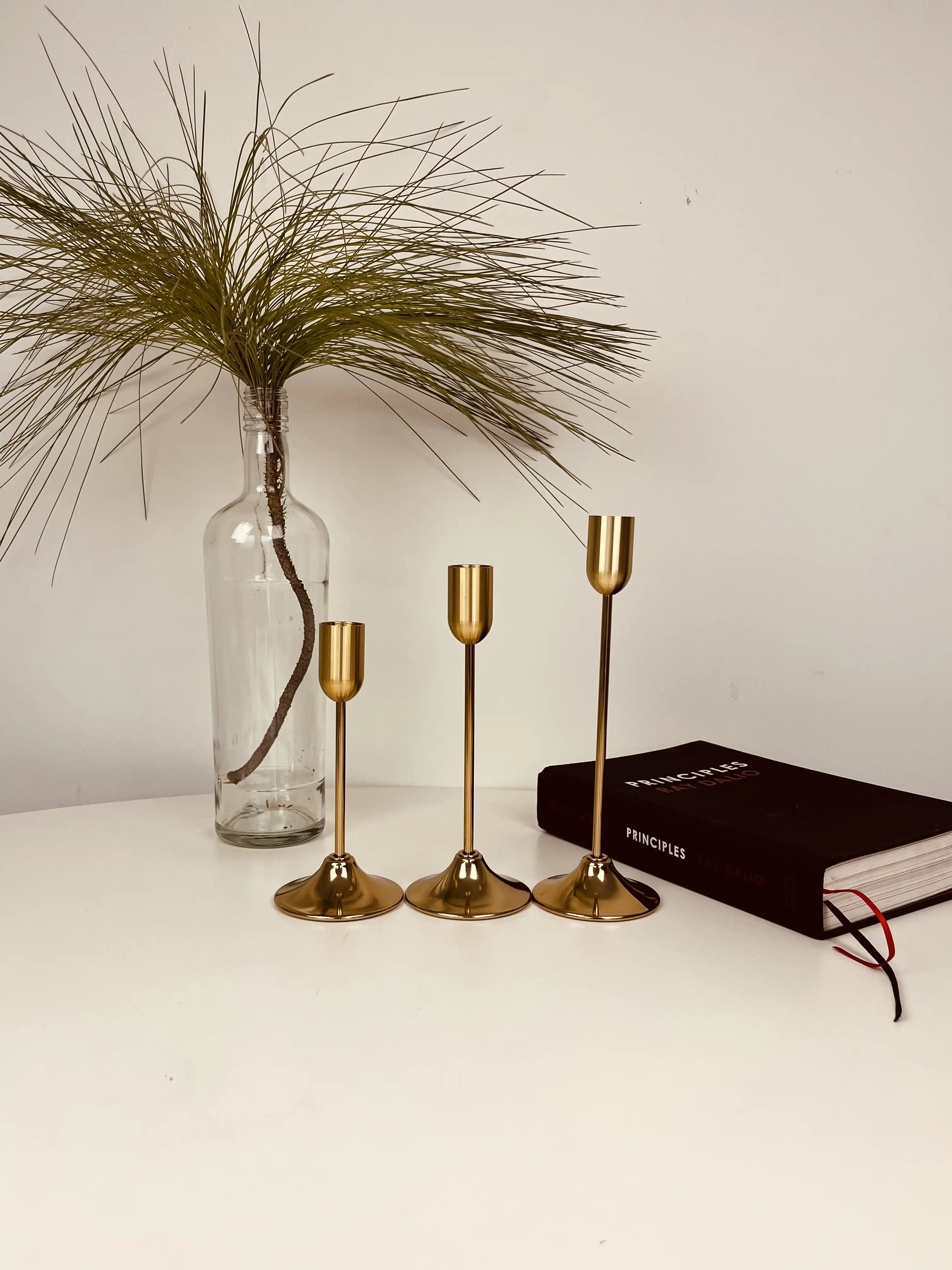 Zoha Eternal Glow Flameless Candle Stand Set – Set of 3 Brushed Gold Taper Holders