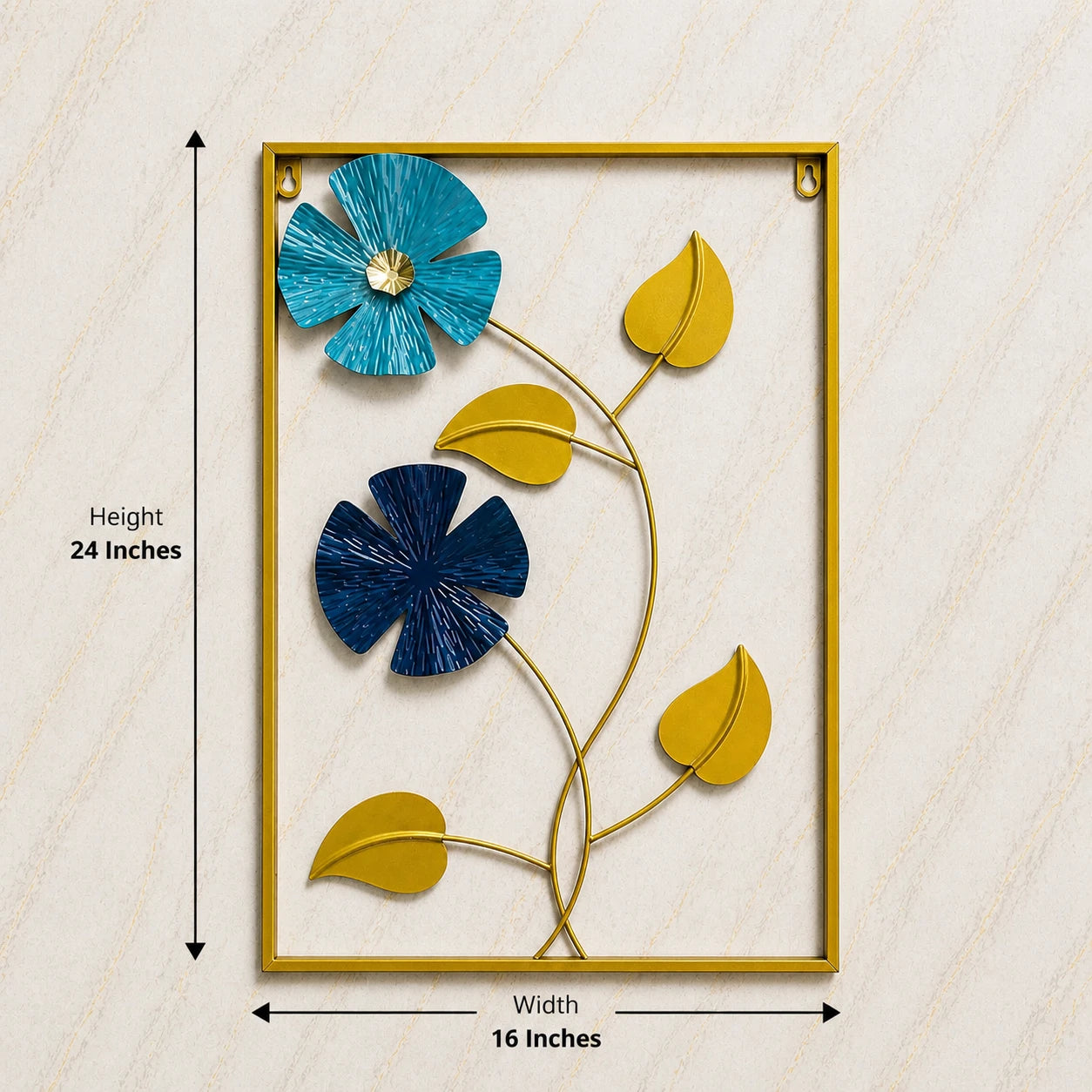 Luxury Blue & Gold Metal Wall Art Frame – Modern Floral Wall Hanging (24x16 Inches)