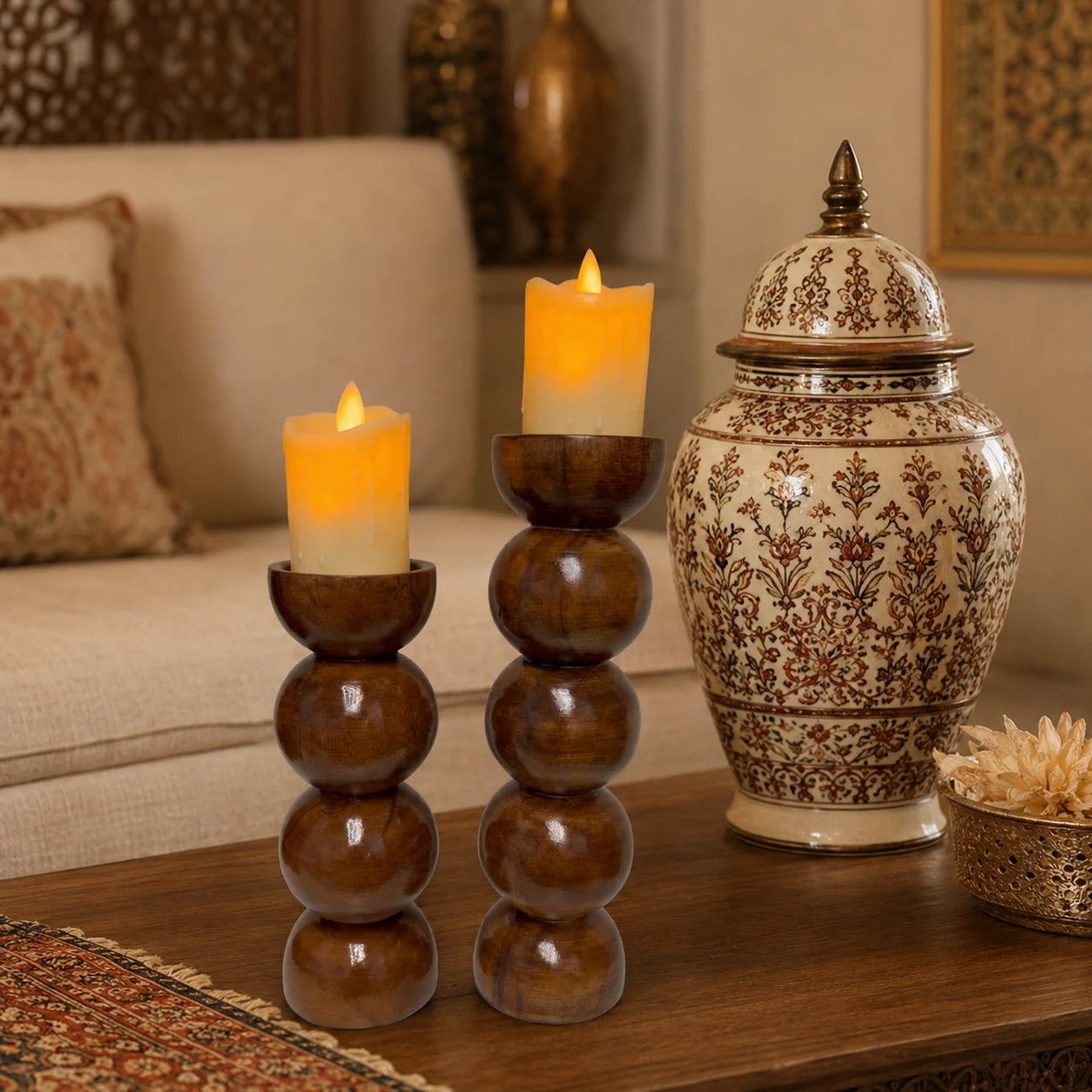 Premium Sheesham Wooden Candle Holder Set (2 Pieces)