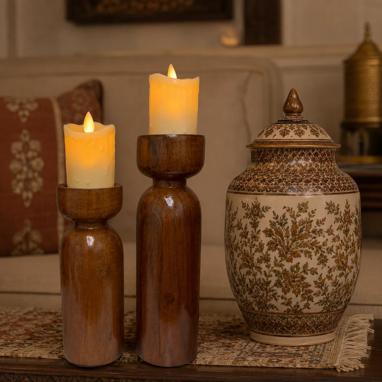 Rustic Handmade Wooden Candle Stand Set for Home Décor