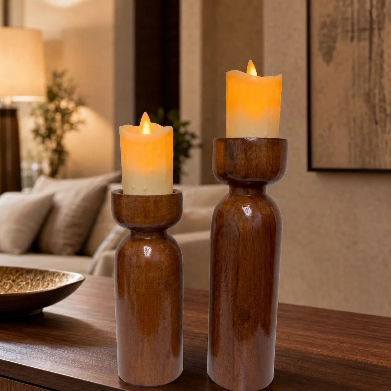Rustic Handmade Wooden Candle Stand Set for Home Décor