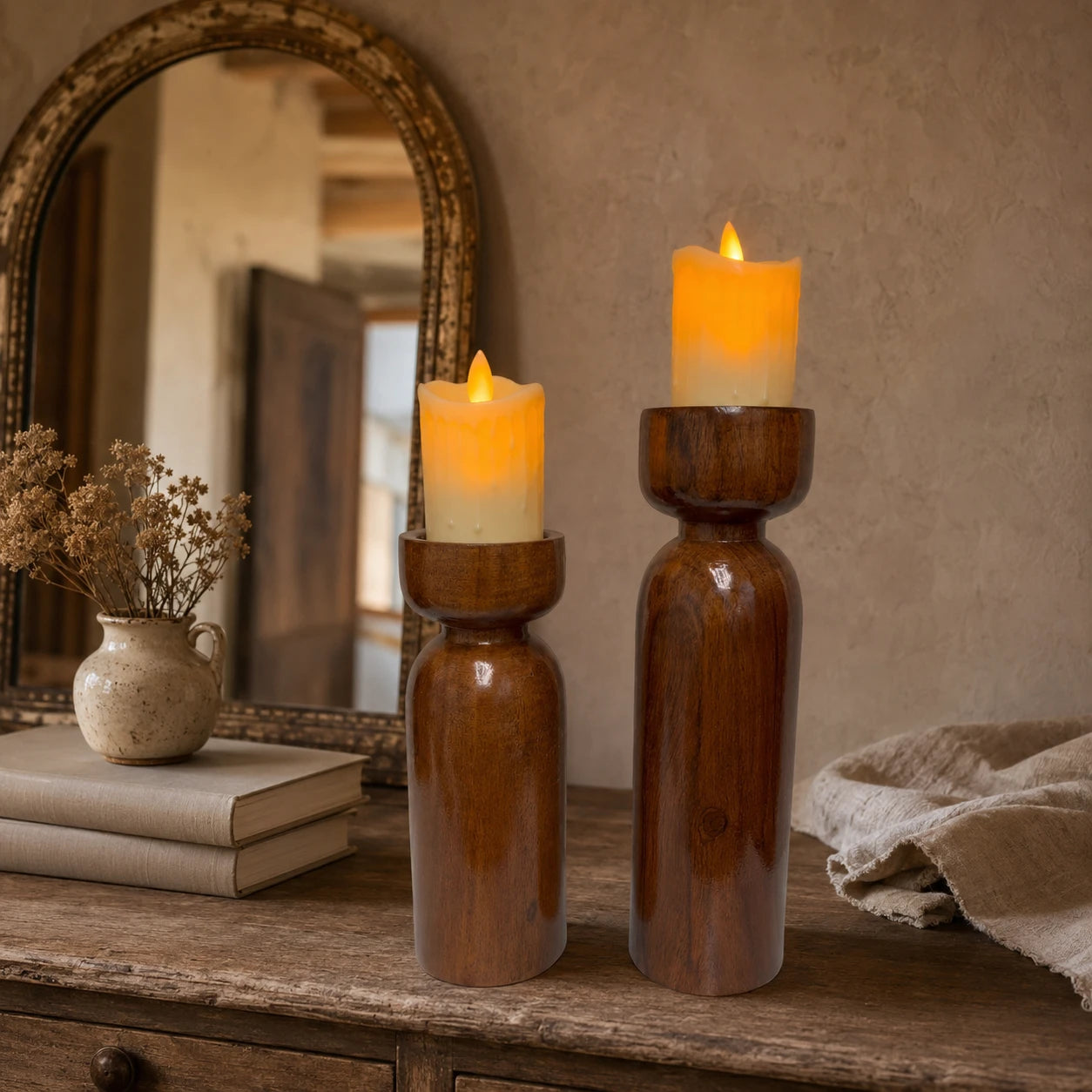 Rustic Handmade Wooden Candle Stand Set for Home Décor