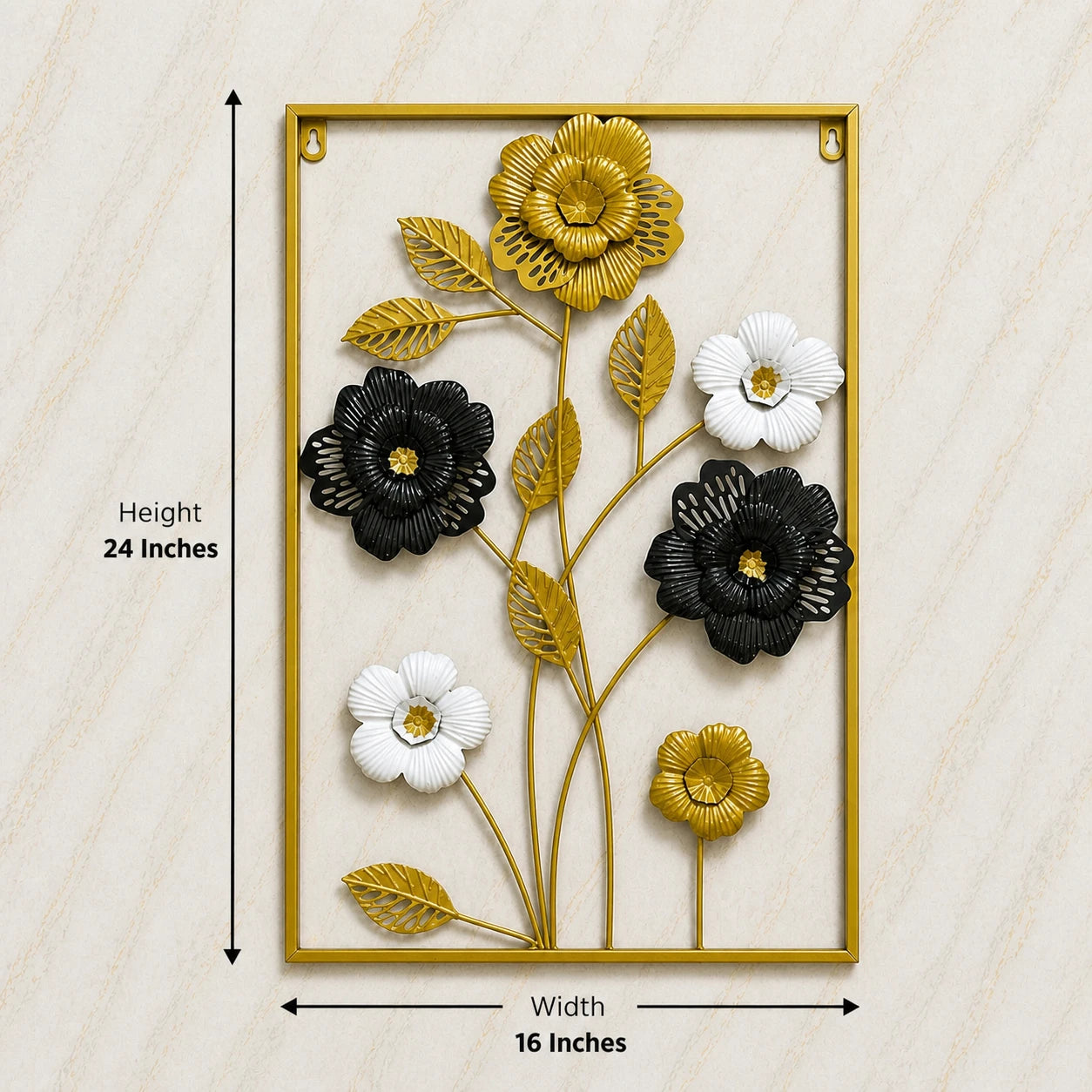 Luxury Black, White & Gold Metal Wall Art – Modern Floral Wall Hanging (24x16 Inches)