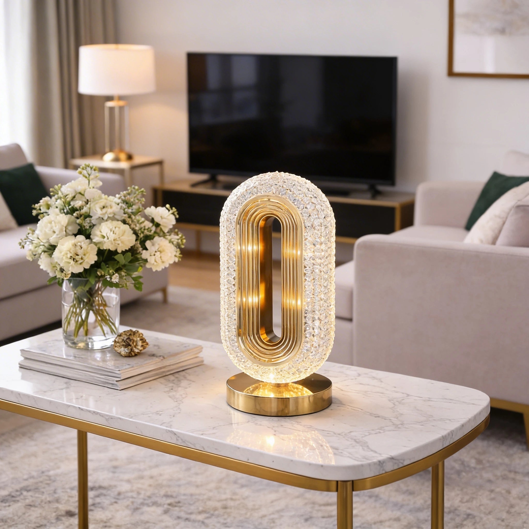 Crystal Oval Table Lamp with Gold Accents