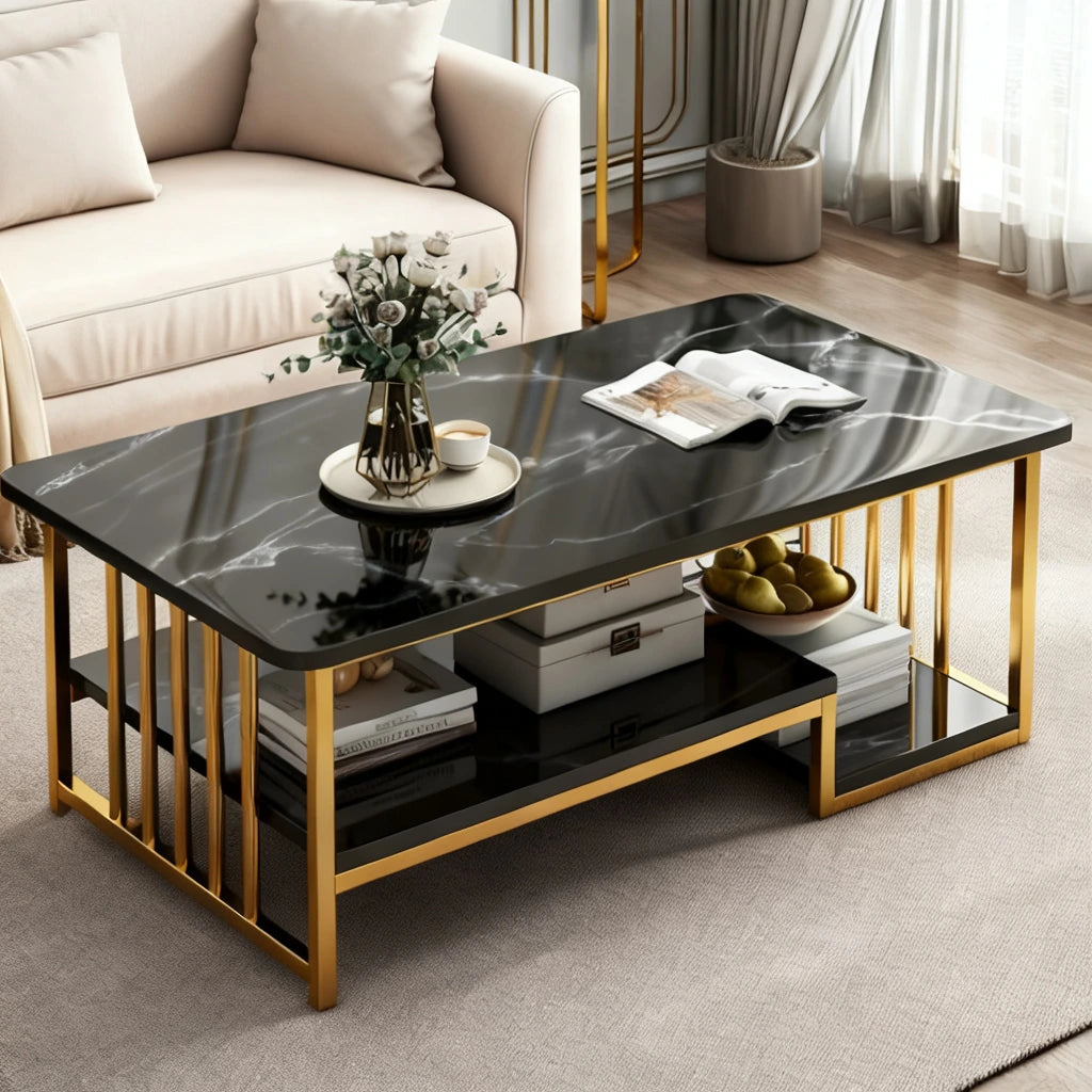 3 Shelf Luxury Marble Center Table – Modern Gold Coffee Table for Living Room