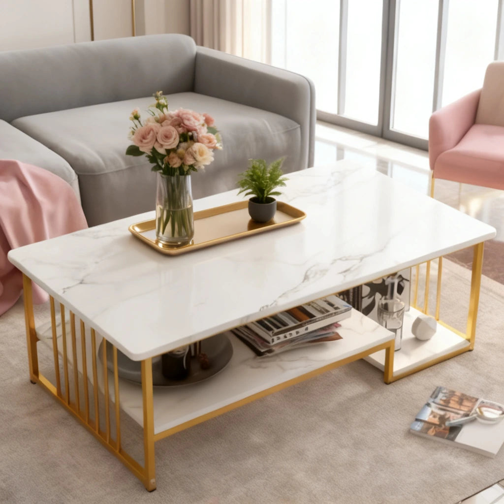 3 Shelf Luxury Marble Center Table – Modern Gold Coffee Table for Living Room