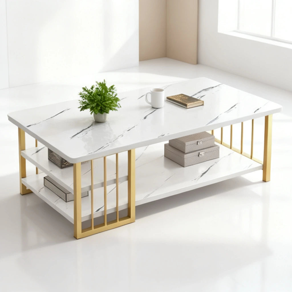 Luxury 3 Shelf Center Table with Gold Metal Frame