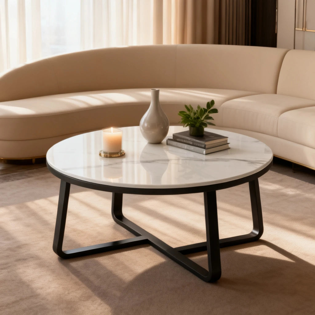 Modern Round Marble Coffee Table – Luxury Metal Frame Center Table for Living Room