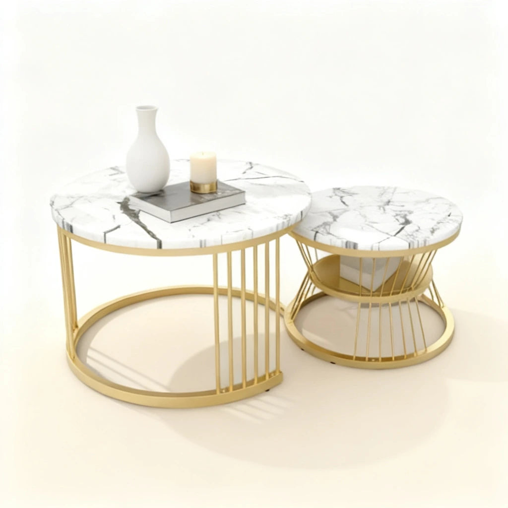 2 Piece Luxury Nesting Coffee Table Set – Modern Marble Type Top Tables with Gold Frame