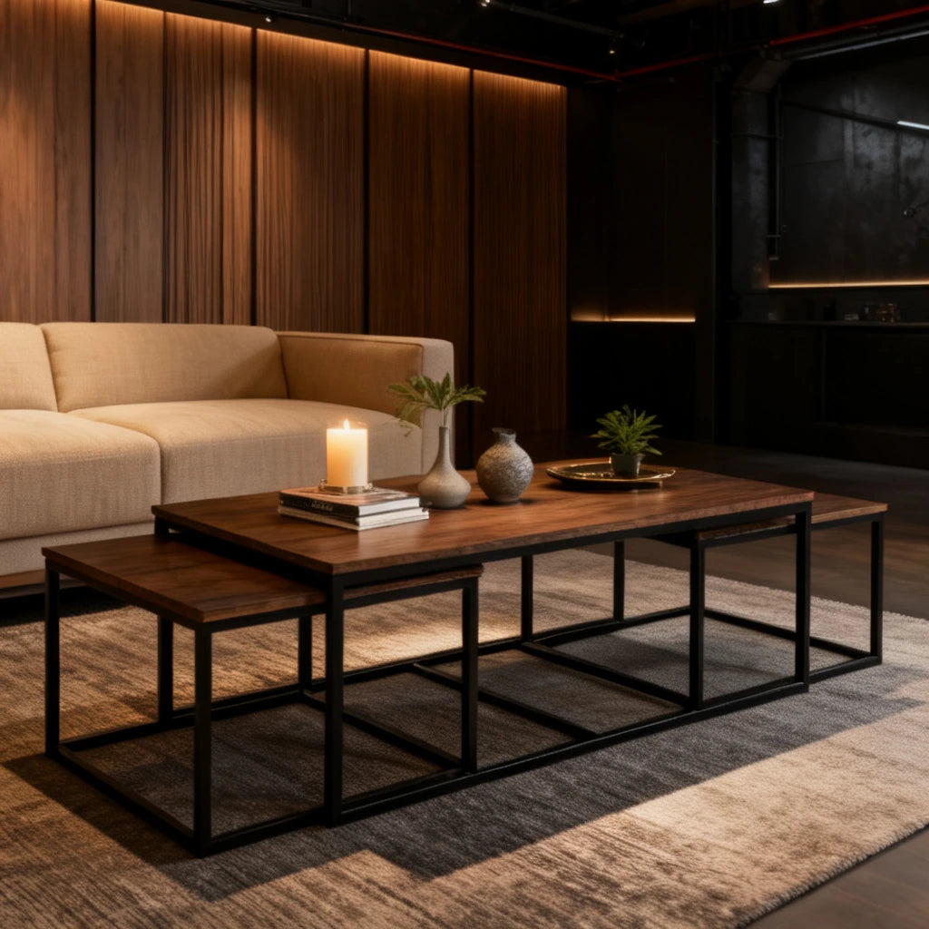 Hensley 3 Piece Nesting Coffee Table Set – Modern Wooden Center Table with Side Tables