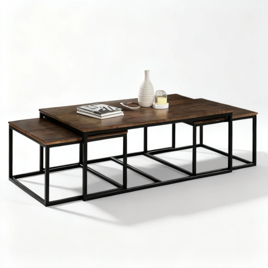 Hensley 3 Piece Nesting Coffee Table Set – Modern Wooden Center Table with Side Tables