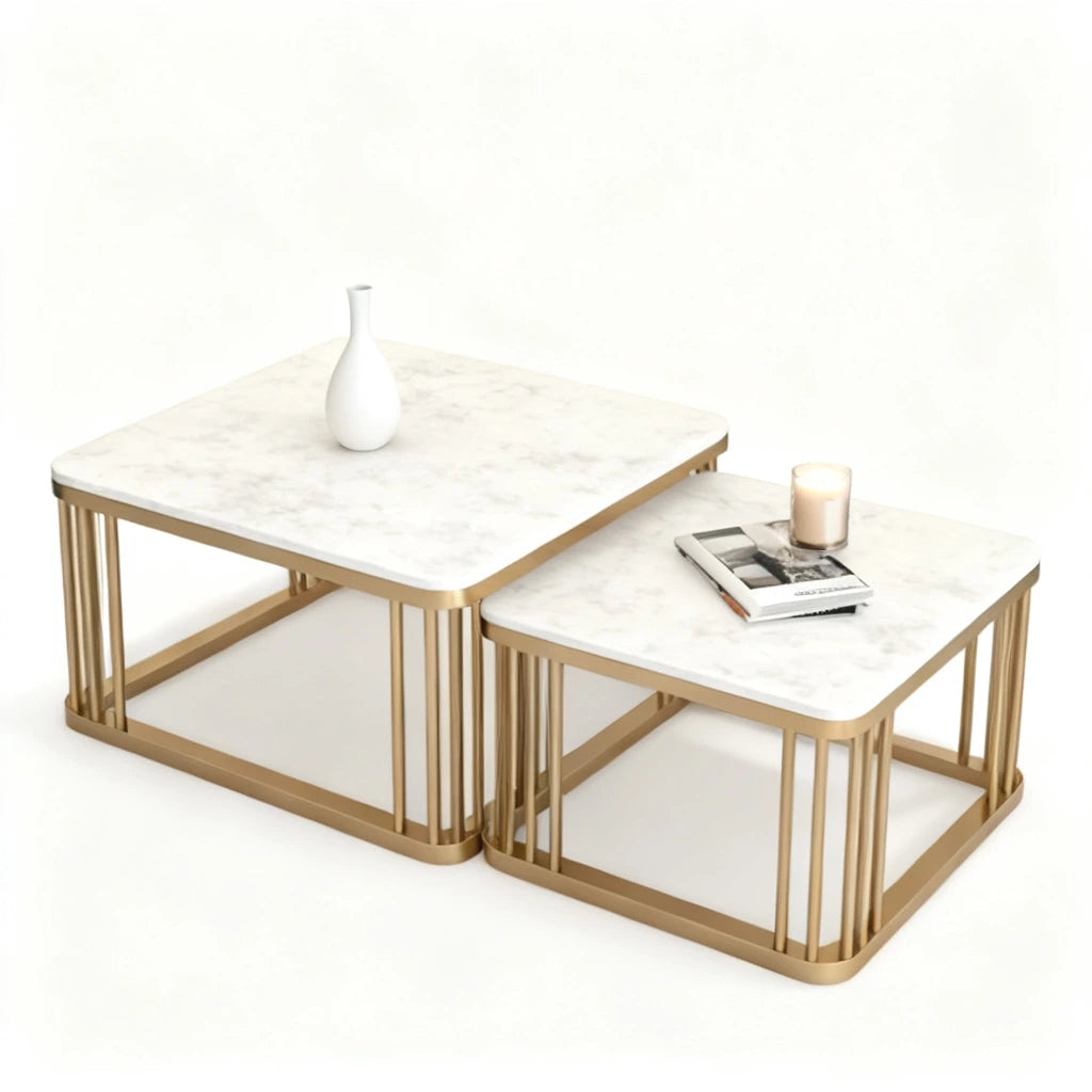 Modern 2 Piece Marble look Coffee Table Set with Metal Frame