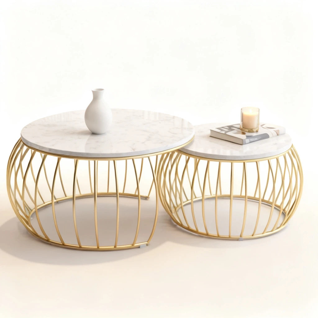 2 Piece Luxury Round Nesting Coffee Table Set – Marble Look Top with Gold Metal Frame