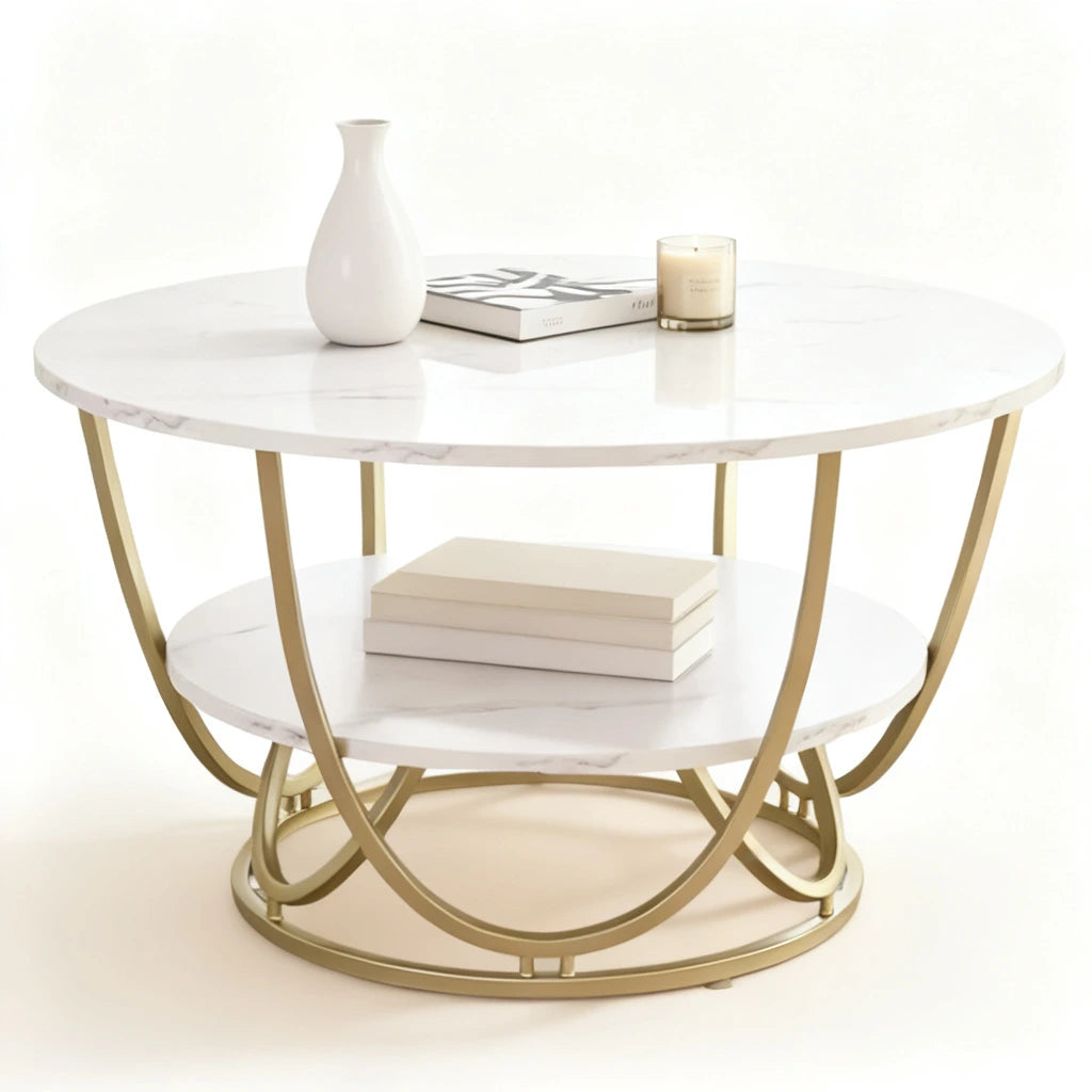 Luxury Round Marble Center Table – Modern Gold Frame Coffee Table for Living Room