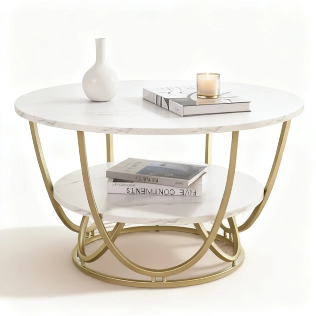 Luxury Round Marble Center Table – Modern Gold Frame Coffee Table for Living Room