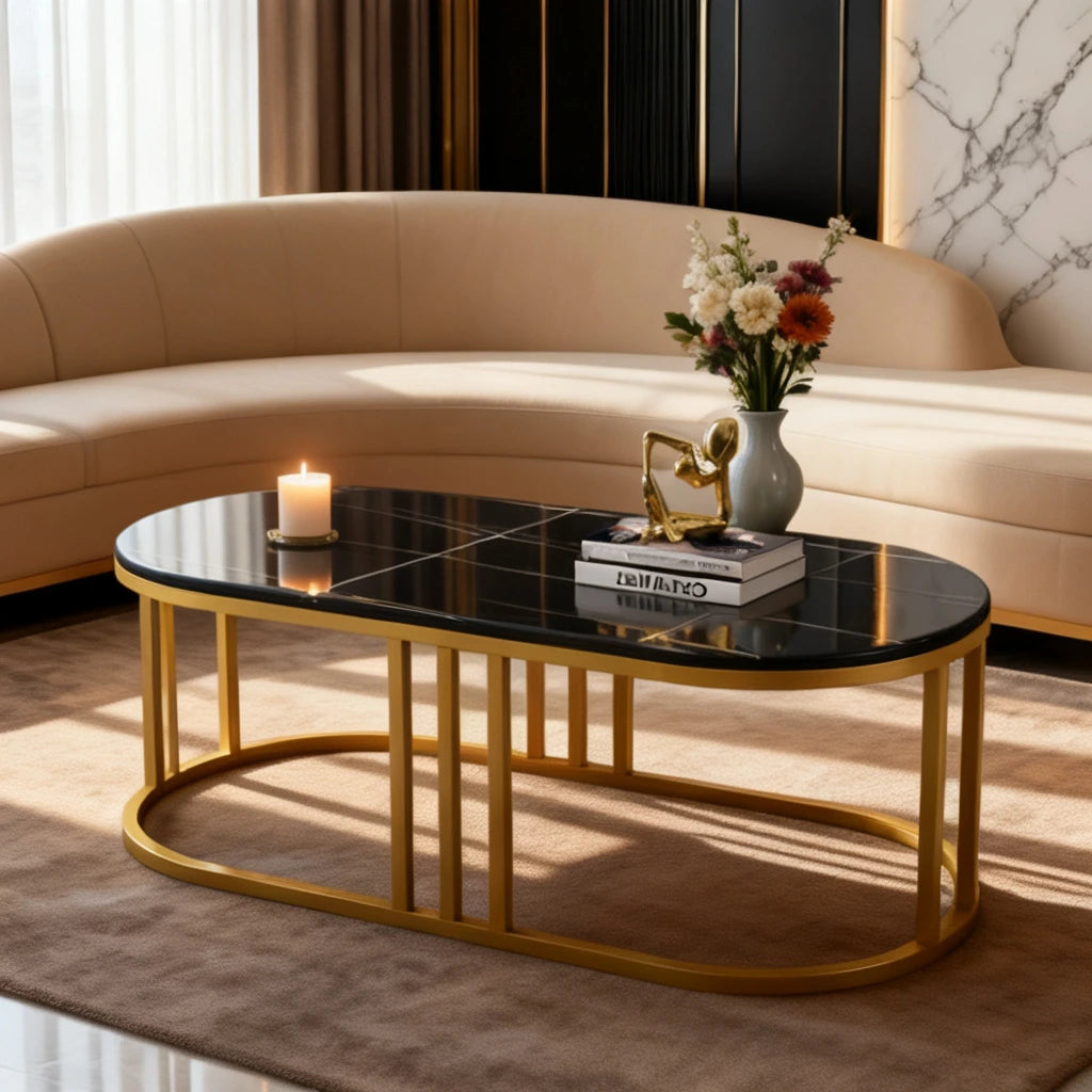 Modern Oval Marble Look Coffee Table with Gold Metal Frame
