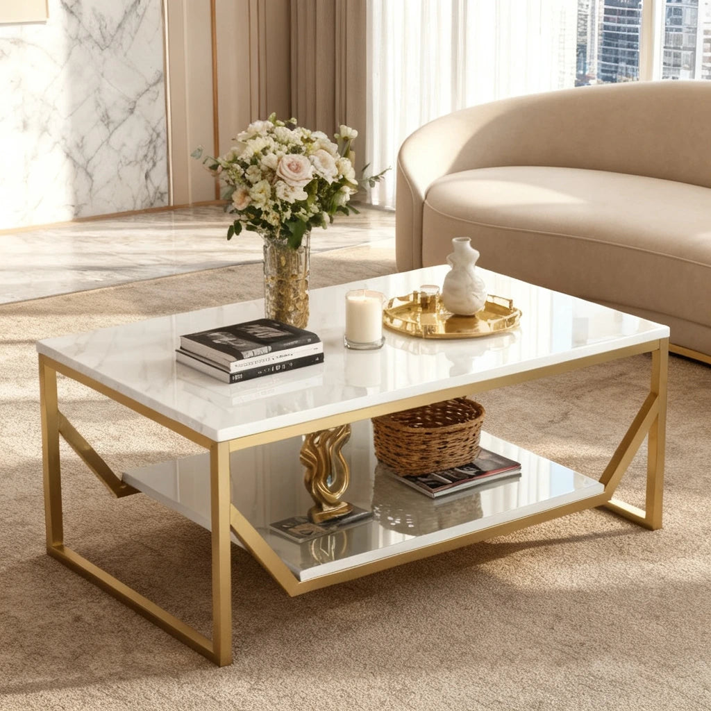 Umi Luxury Marble Center Table – Modern Coffee Table with Gold Metal Frame