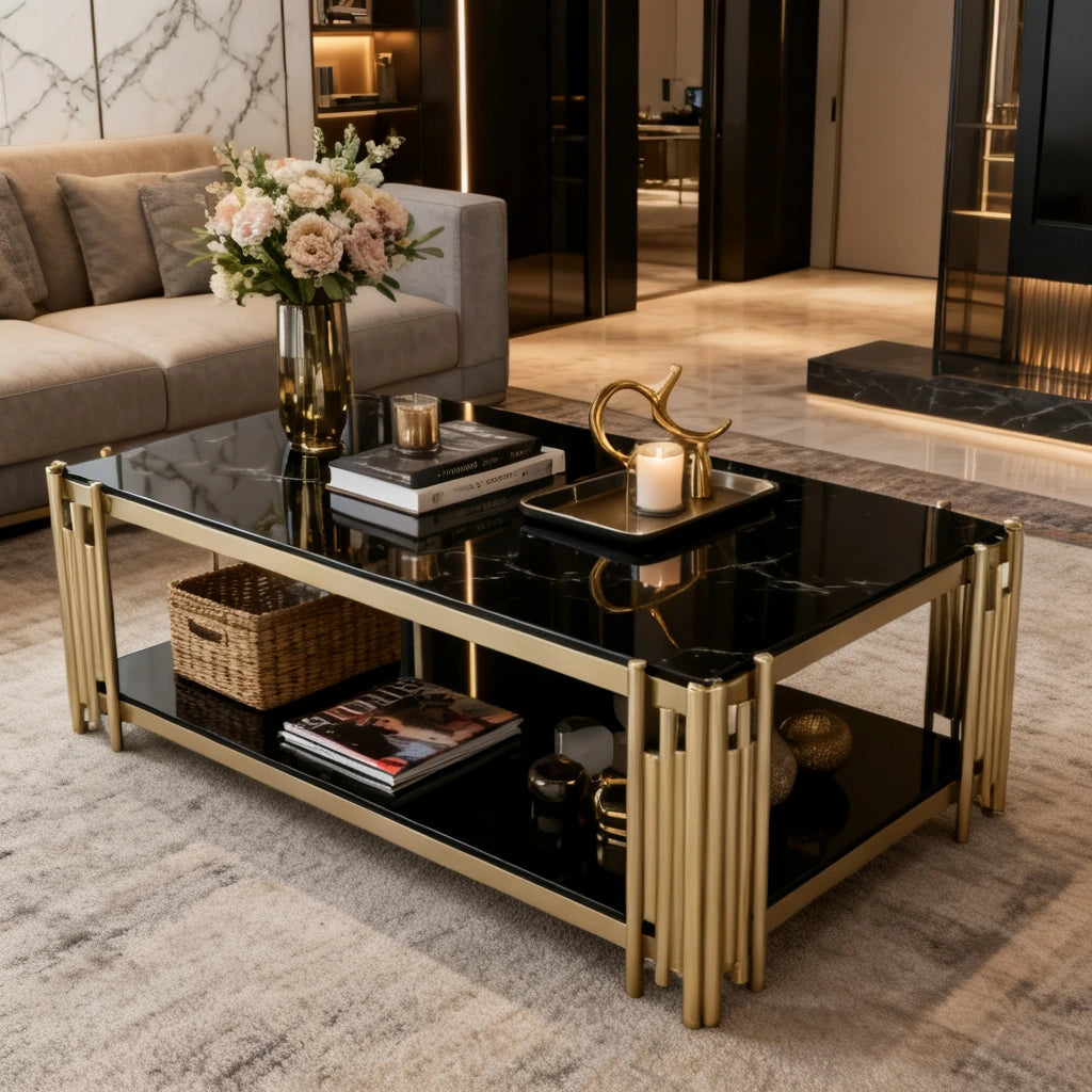 Luxury Black Marble Look Center Table with Gold Rod Frame & Storage Shelf