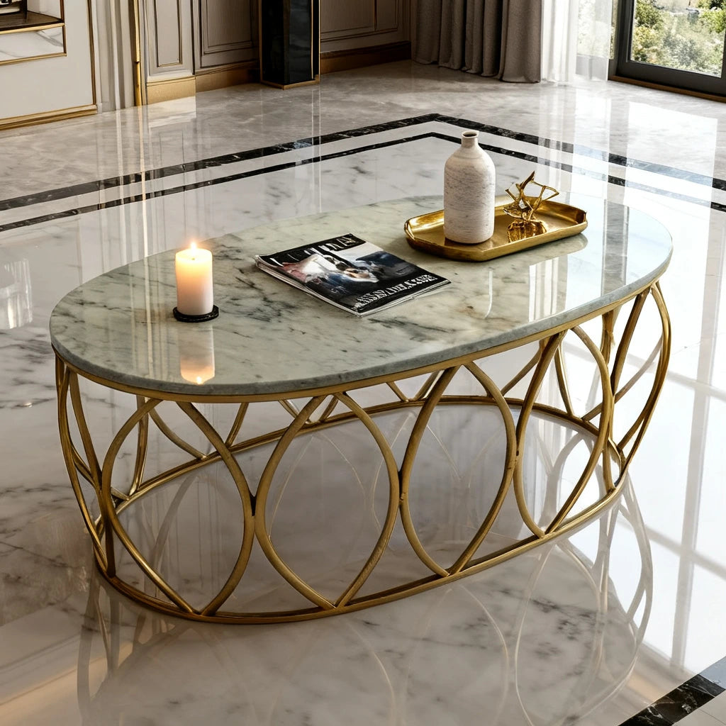 Luxury Oval Marble Center Table – Premium Gold Metal Coffee Table for Living Room