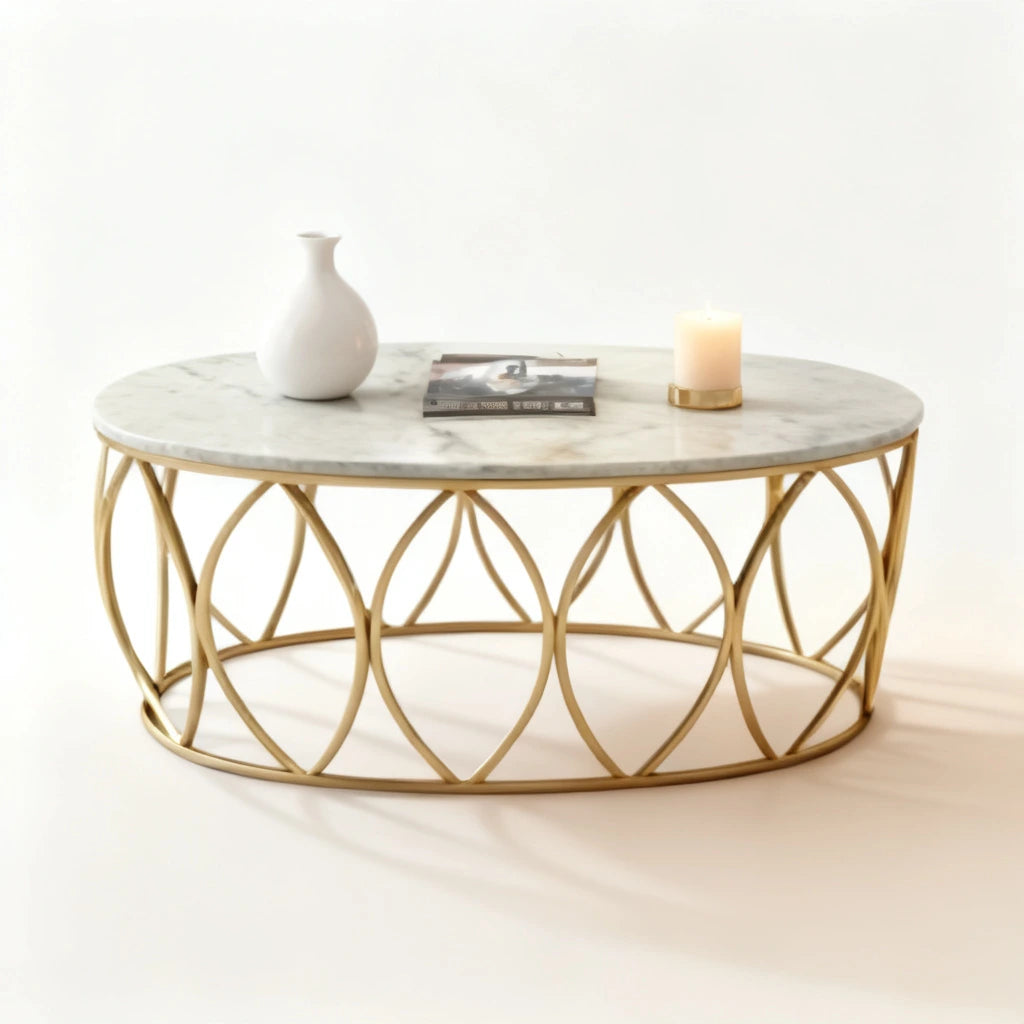 Luxury Oval Marble Center Table – Premium Gold Metal Coffee Table for Living Room