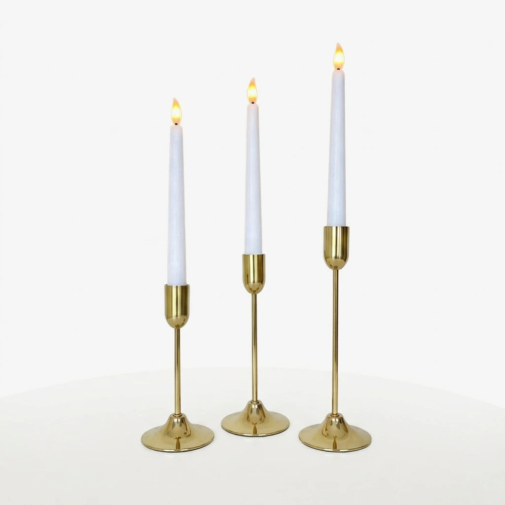 Zoha Eternal Glow Flameless Candle Stand Set – Set of 3 Brushed Gold Taper Holders