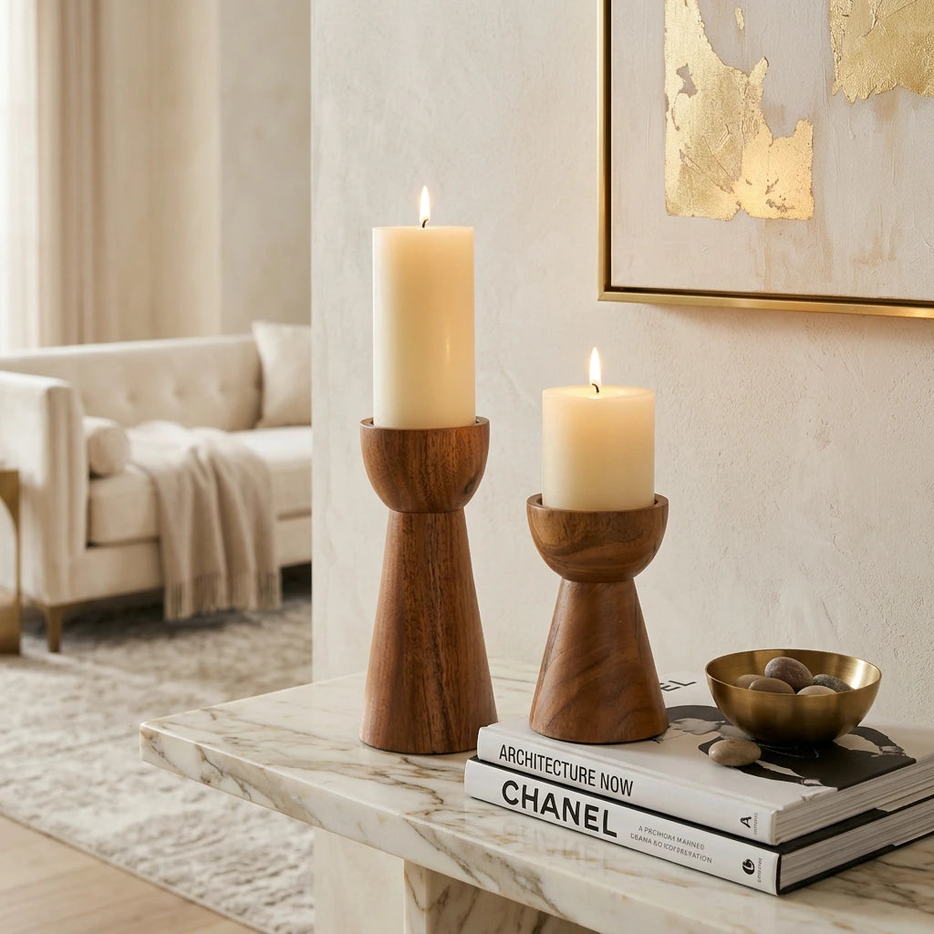 Modern Sheesham Wood Candle Holder Set of 2 | Handmade Home Decor