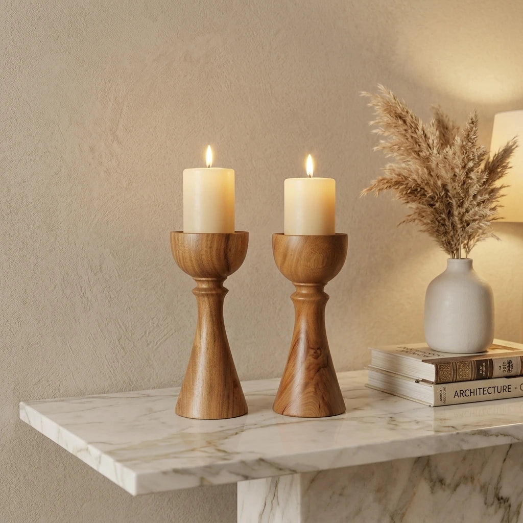Modern Sheesham Wood Candle Holder Set of 2