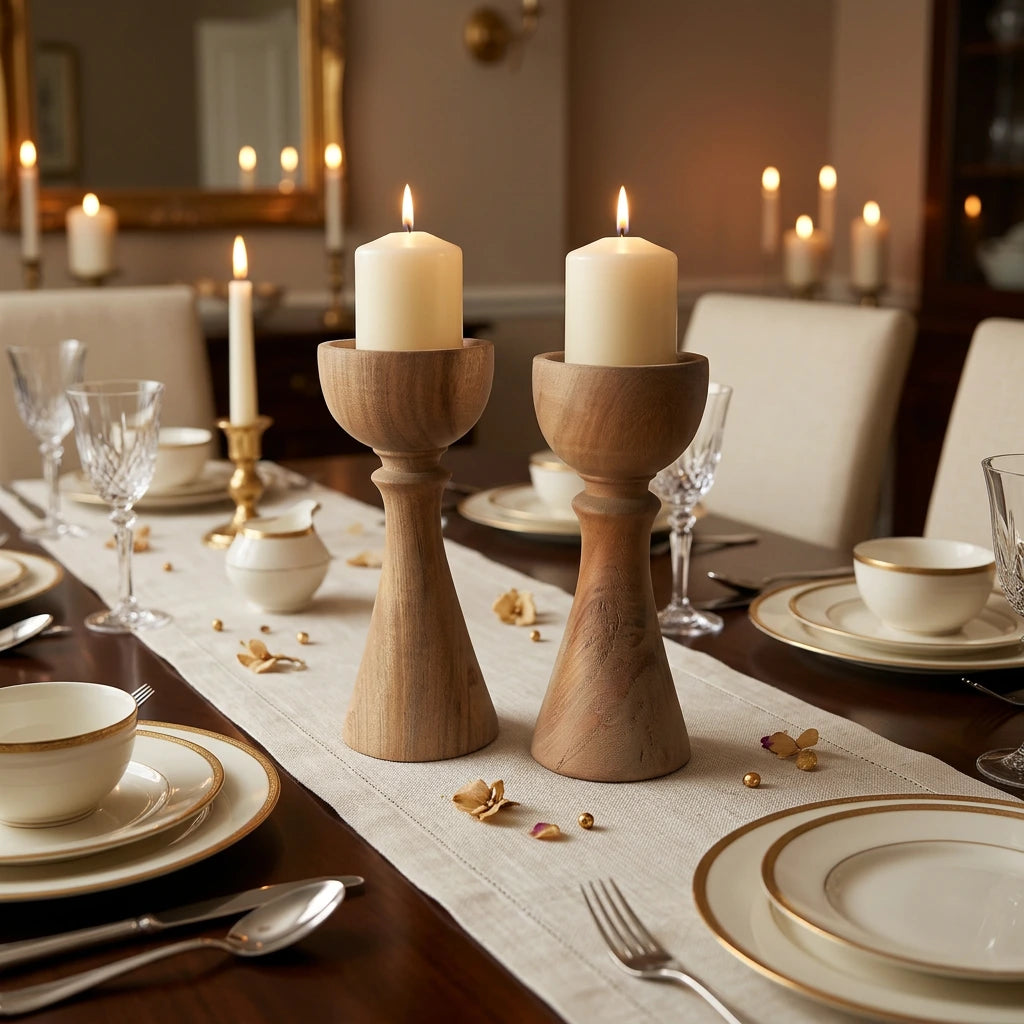 Modern Sheesham Wood Candle Holder Set of 2
