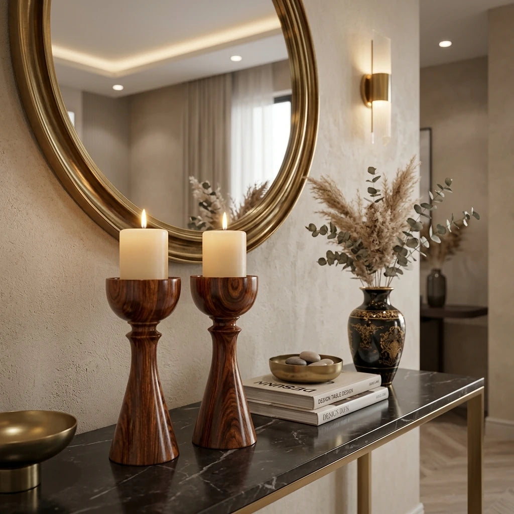 Modern Sheesham Wood Candle Holder Set of 2