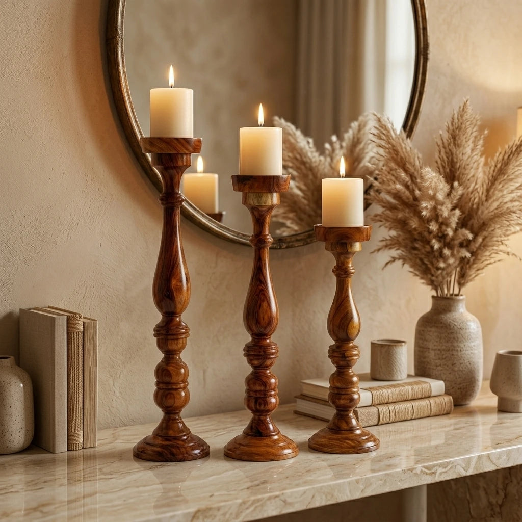 Sheesham Candle Holder Set, Premium (3)