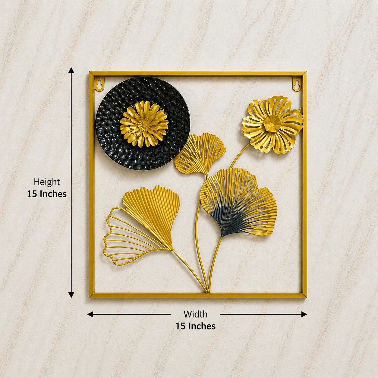 Luxury Gold & Black Metal Wall Art – Abstract Floral Wall Hanging (15x15 Inches)